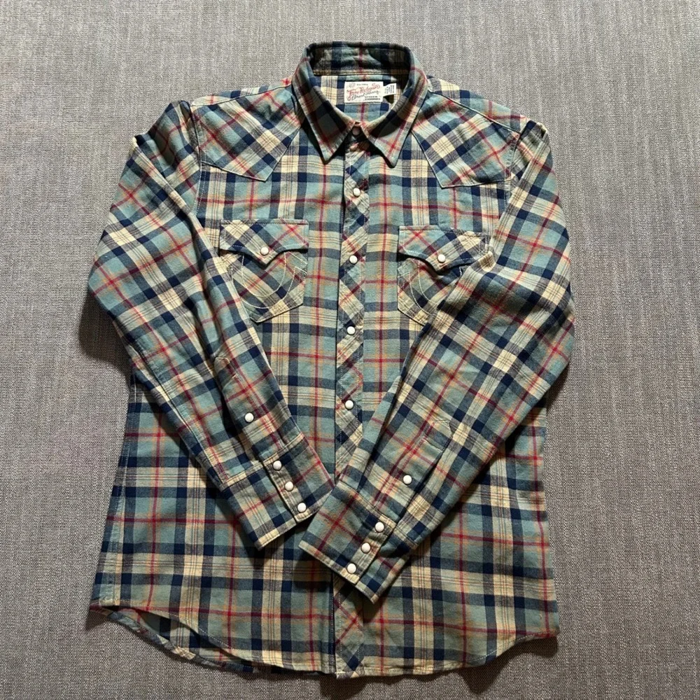 True Religion Western Shirt Mens XL Blue Plaid Flannel Pearl Snap MP4BV92VR